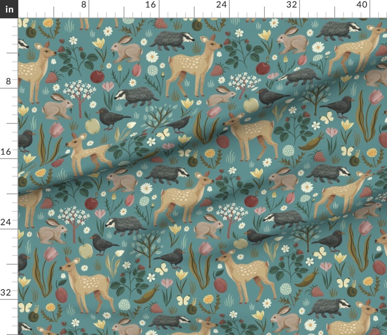 Various Fabrics by the Yard or Fat Quarter Woodland Animals Whimsical Floral Nature Woodland Turquoise Spring Garden Botanical Custom Printed Fabric by Spoonflower